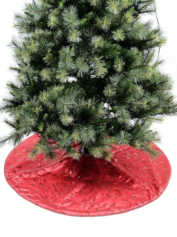 1.2m Red Sequin, Bead Holly Leaf & Berry Vine Pattern Christmas Tree Skirt