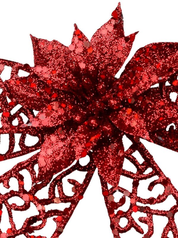 Red Mesh Poinsettia Flower & Ribbon Christmas Bow Clip Pick | 13cm — image 3