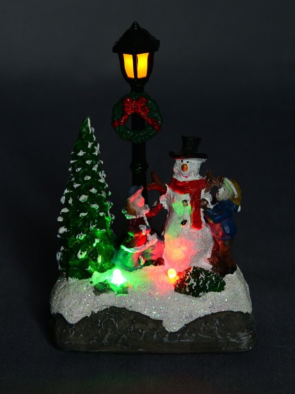 Illuminated Snowman With Children Street Scene With Led Lights - 13cm