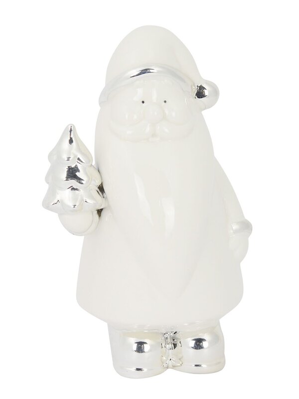 Ceramic Santa Standing Ornament in White Gloss & Silver - 17cm