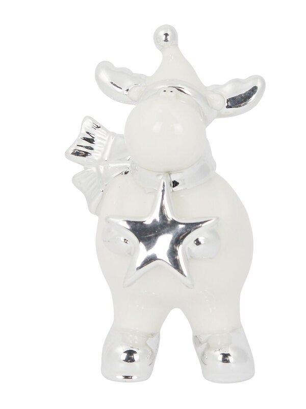 Ceramic Reindeer Standing Ornament In White Gloss & Silver - 14cm