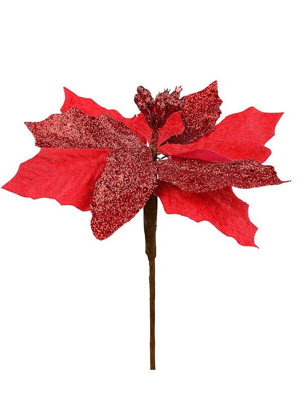 Red Fabric & Glitter Bracts Poinsettia Christmas Tree Stem Pick | 15cm — image 3