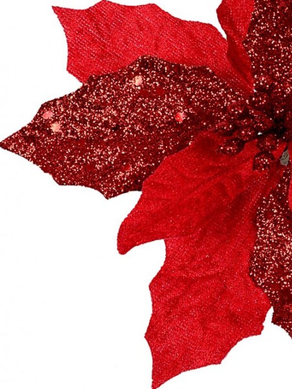 Red Fabric & Glitter Bracts Poinsettia Christmas Tree Stem Pick | 15cm — image 5