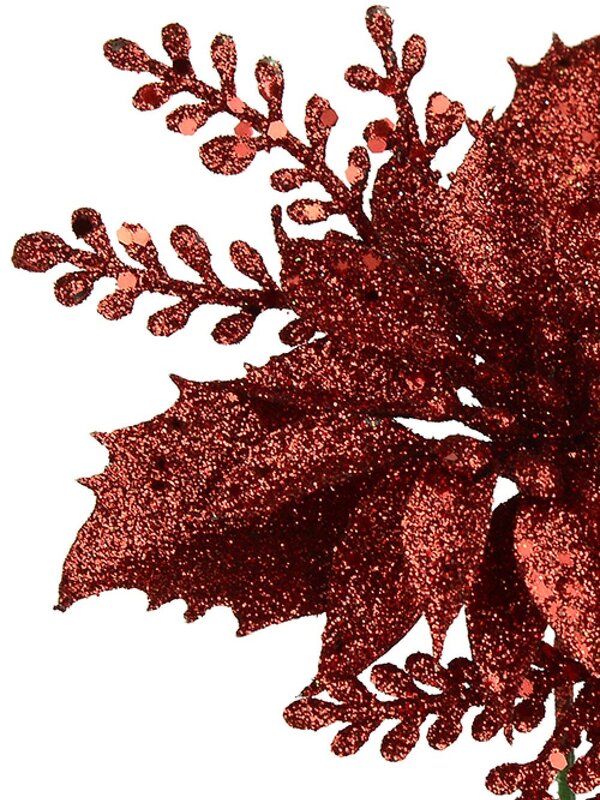 Red Glitter Poinsettia Flower & Holly Leaf Christmas Tree Stem Pick | 15cm — image 3