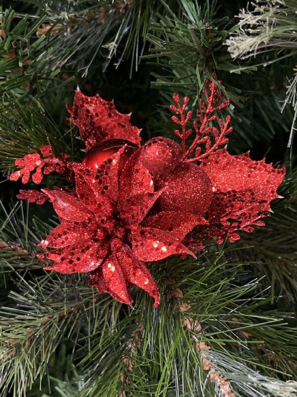 Red Glitter Poinsettia Flower & Holly Leaf Christmas Tree Stem Pick | 15cm — image 2