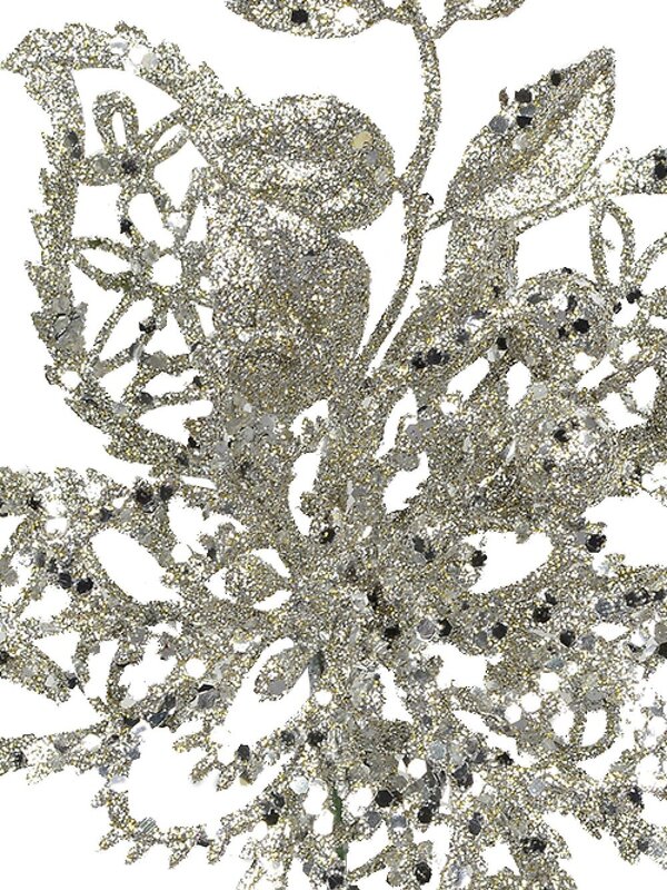 15cm Silver Filigree Poinsettia Flower Christmas Tree Stem Pick