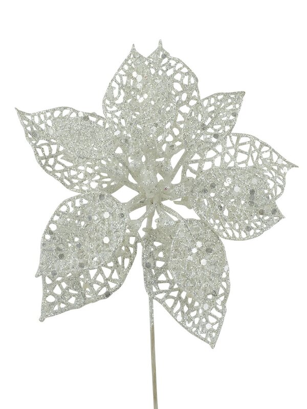 17cm Cream Iridescent Filigree Poinsettia Christmas Tree Stem Pick — image 3