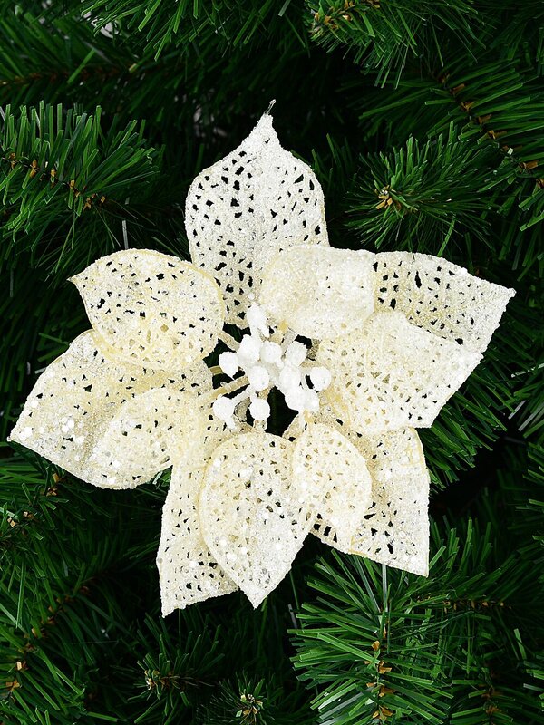 17cm Cream Iridescent Filigree Poinsettia Christmas Tree Stem Pick — image 2
