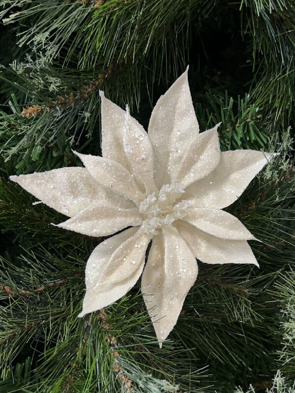 Cream With Silver Glitter Poinsettia Christmas Tree Stem Pick | 17cm — image 2