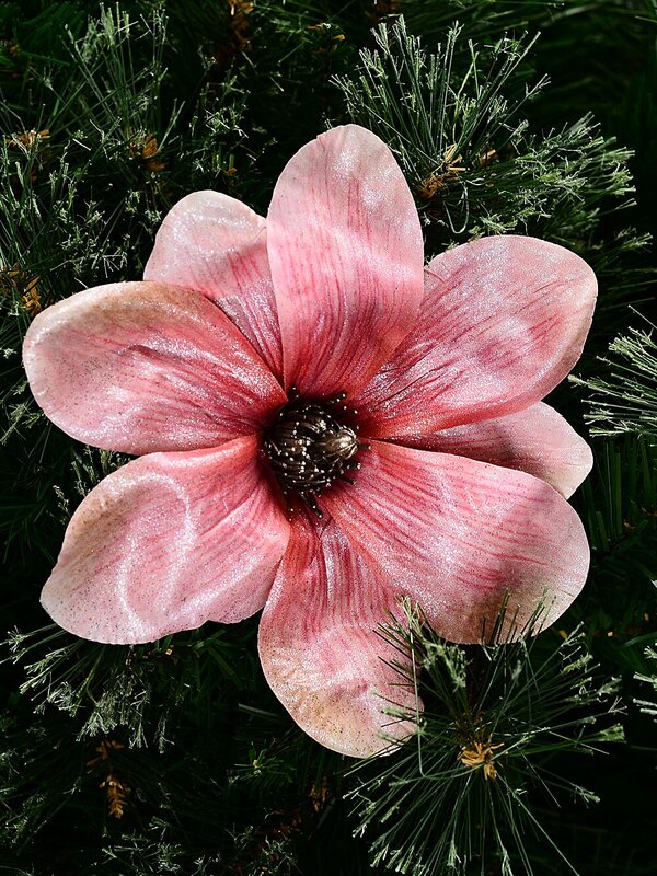 Pink Magnolia Flower With Silver Decor Christmas Tree Clip Pick | 18cm — image 2
