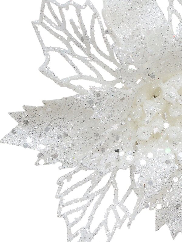 White Iridescent Glitter Poinsettia Bract & Leaf Christmas Clip Pick | 18cm — image 4