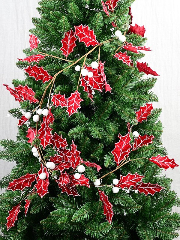 1.8m Red Velvet Holly Leaf Christmas Vine Garland | Silver Glitter & Snow Berries — image 5