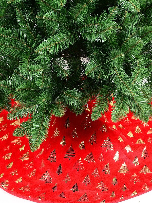 1m Red Plush Faux Fur & Gold Foil Trees Christmas Tree Skirt — image 5