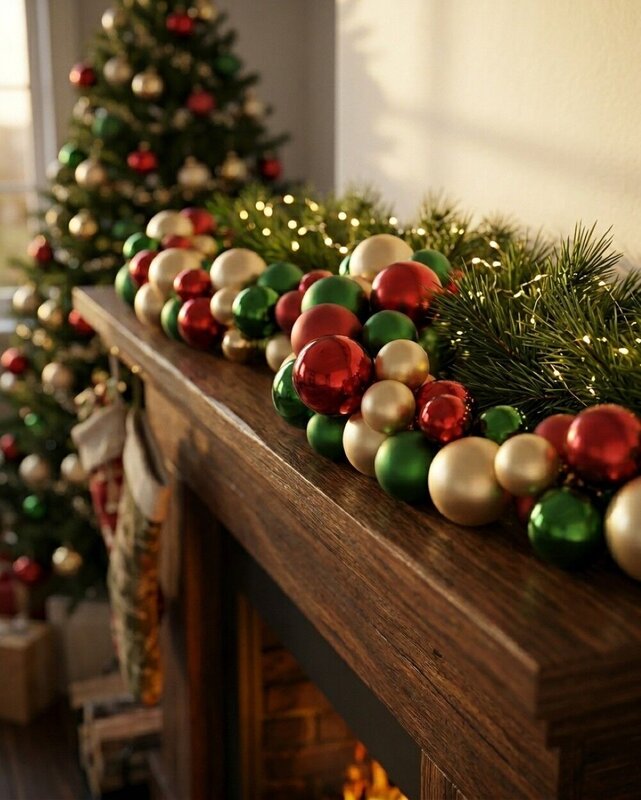 1.4m Red Green & Gold Metallic & Matte Large Display Bauble Cluster Garland — image 2