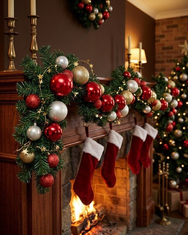 2.7m Decorated Red & Gold Bauble Christmas Garland | Star Ribbon & Twigs — image 4