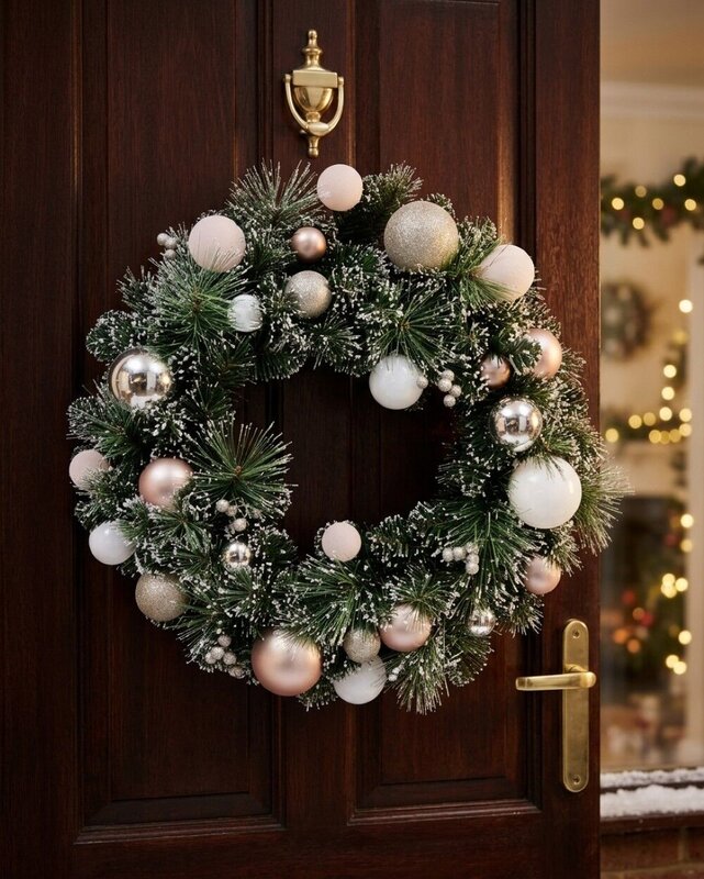 60cm Luxe Champagne & Rose Gold Christmas Wreath With White Frost Tips — image 4