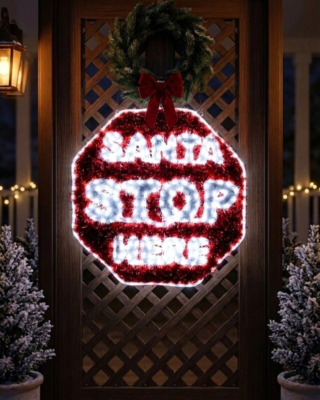 76cm Dynamic Santa Stop Here Red Tinsel Outdoor LED Christmas Light Display — image 2