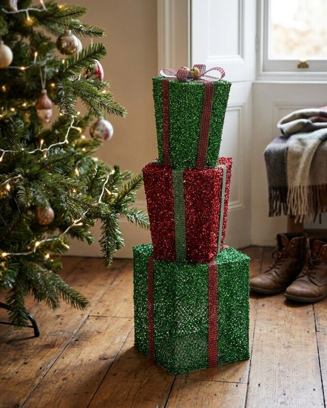 Tiered Green & Red Layered Tinsel Gift Boxes Large Display Decoration | 70cm