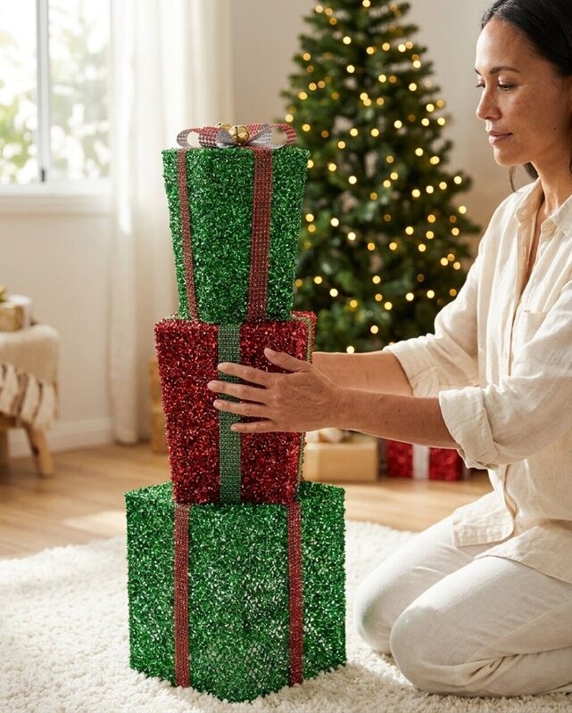 Tiered Green & Red Layered Tinsel Gift Boxes Large Display Decoration | 70cm — image 3