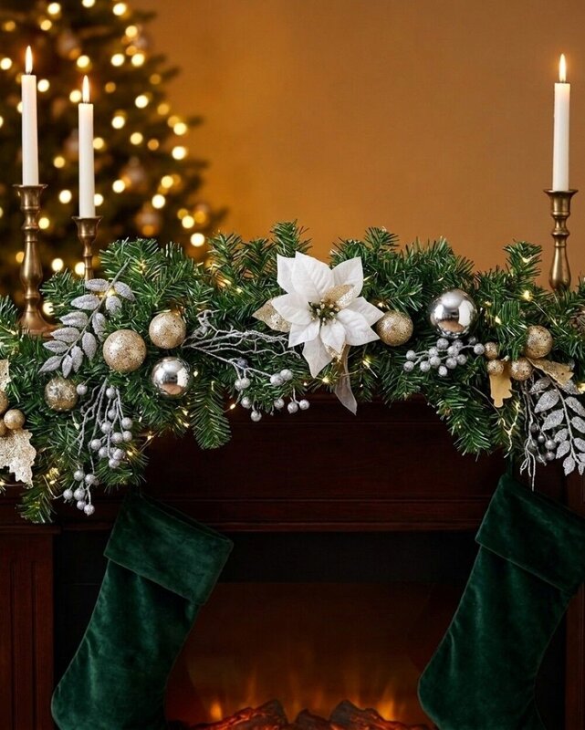 2.3m White Poinsettia and Mistletoe Christmas Garland | Gold & Silver Baubles — image 2