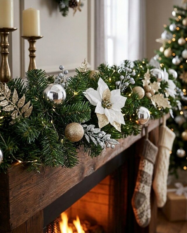 2.3m White Poinsettia and Mistletoe Christmas Garland | Gold & Silver Baubles — image 4