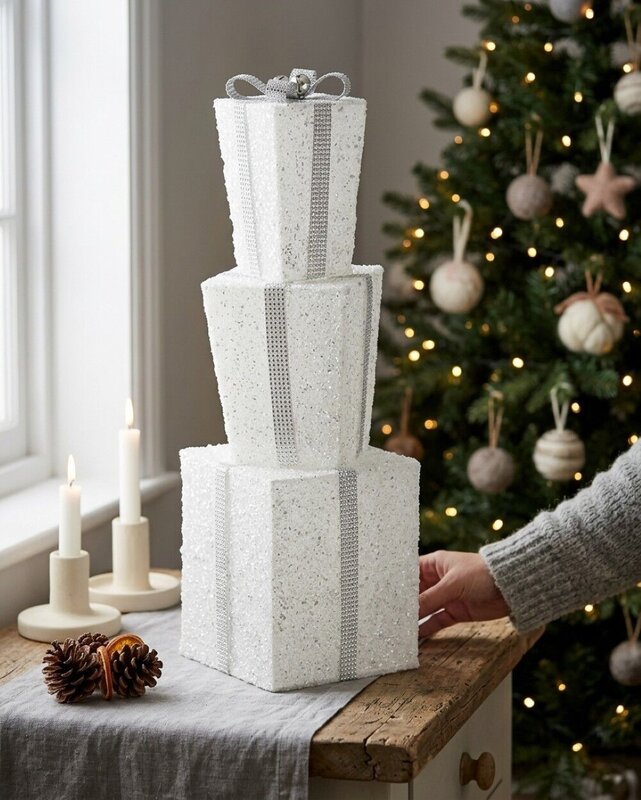 Tiered White & Silver Layered Tinsel Gift Boxes Large Display Decoration | 70cm — image 4
