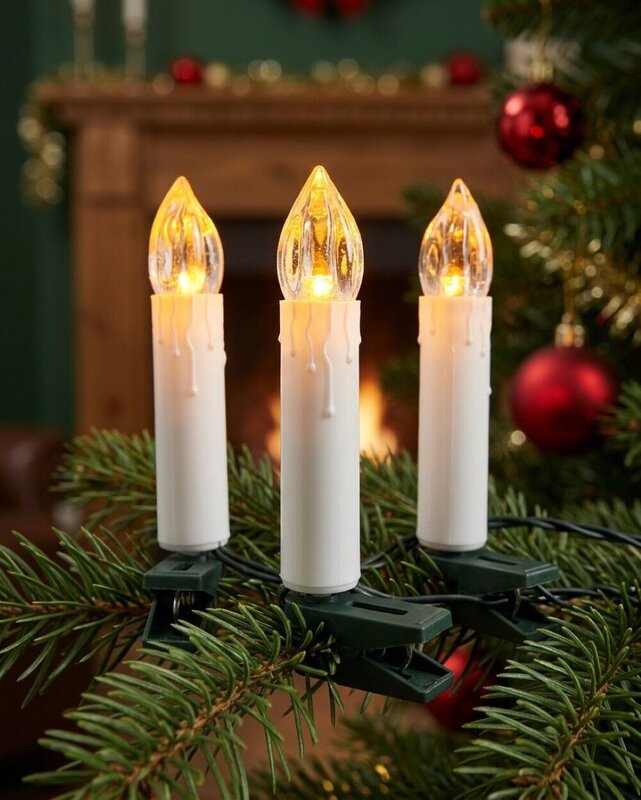 50 Warm White LED Static Flame White Christmas Candles With Clips | 4m — image 2