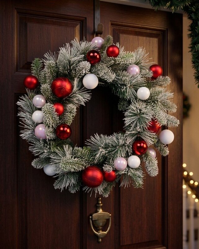 60cm Festive Frost Christmas Wreath With Red, Pink & White Winter Fir — image 4