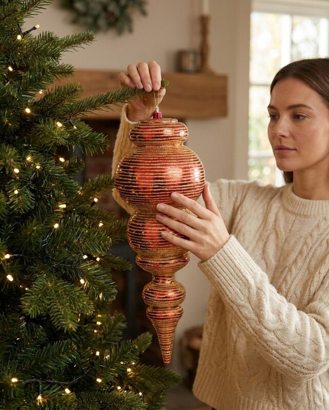 Apple Red & Gold Glitter Striped Large Display Ellipsoid Finial | 55cm — image 3