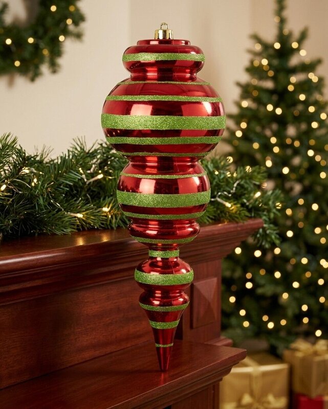 Apple Red & Lime Green Glitter Striped Large Display Ellipsoid Finial | 52cm — image 2