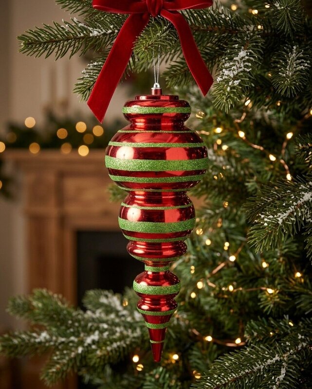 Apple Red & Lime Green Glitter Striped Large Display Ellipsoid Finial | 52cm — image 4