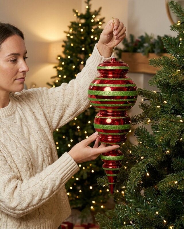 Apple Red & Lime Green Glitter Striped Large Display Ellipsoid Finial | 52cm — image 3