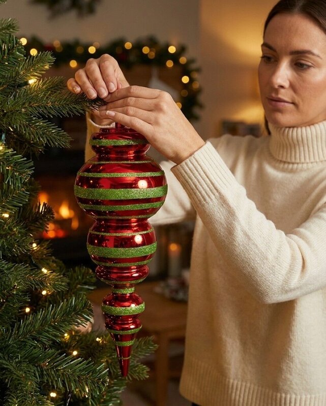 Apple Red & Lime Green Glitter Striped Large Display Ellipsoid Finial | 52cm — image 5