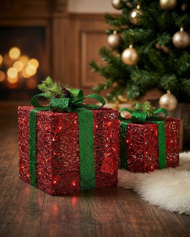 Red Glitter Mesh 3D Gift Box LED Display Set | 25cm & 20cm — image 2