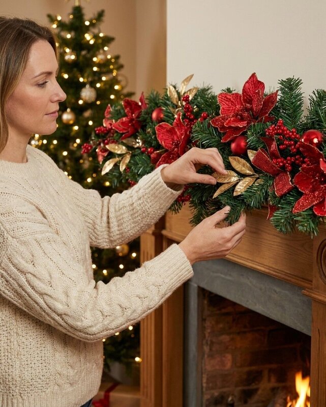 1.8m Decorated Red Poinsettia & Berry Garland | Gold Leaves & Baubles — image 3