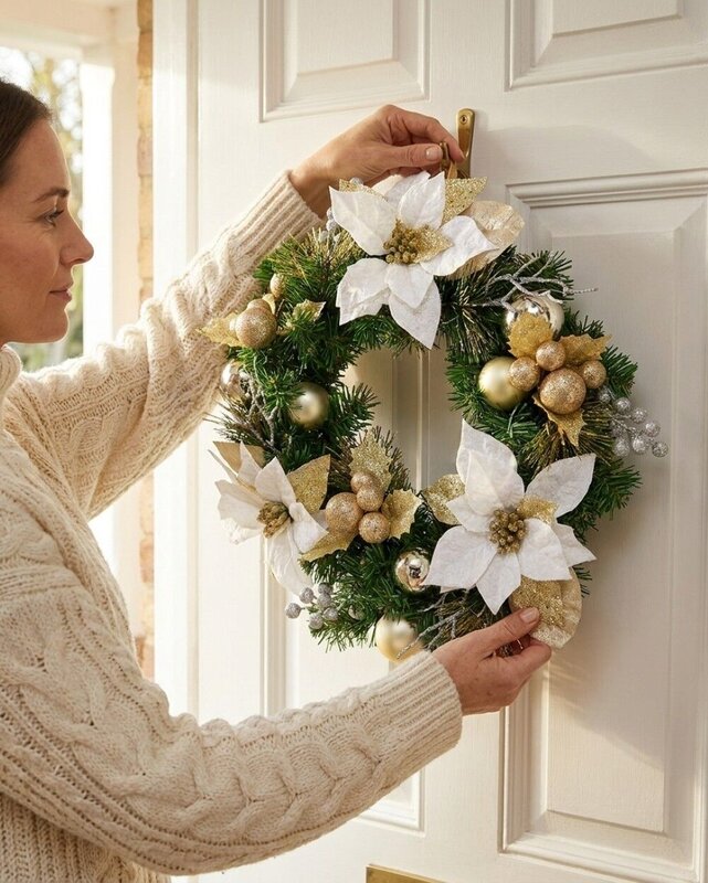 45cm Christmas Wreath With White Poinsettia, Mistletoe, Berries & Gold Baubles — image 3