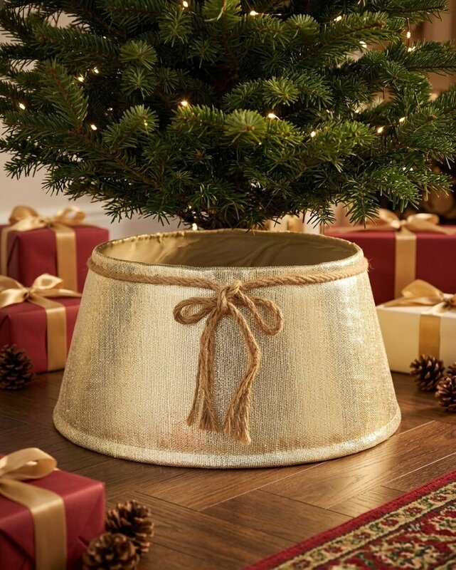 62cm Textured Gold & White Christmas Tree Collar With Rope Bow — image 2