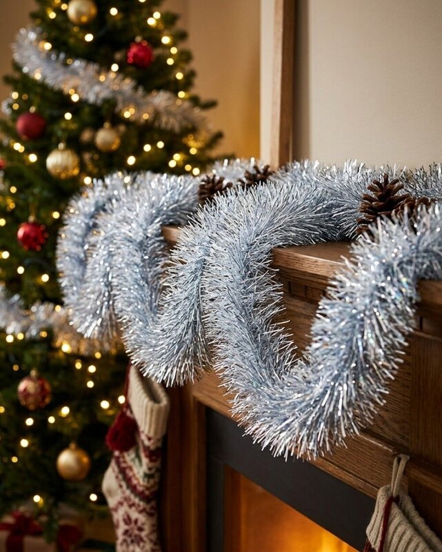Professional 8ply Silver Metallic Fir Needle Christmas Tinsel Garland | 5m x 15cm — image 2