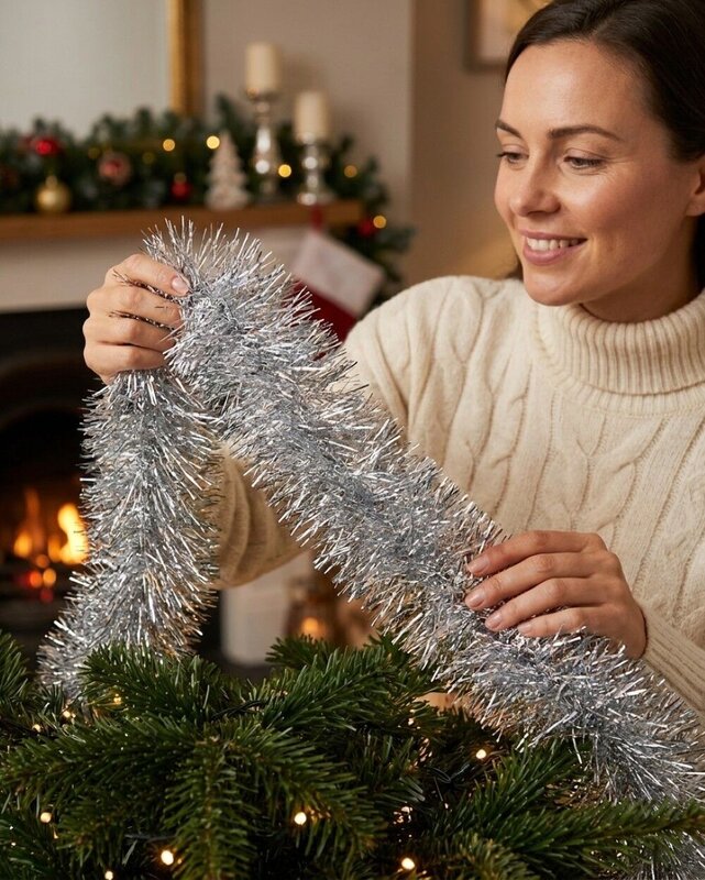 Professional 8ply Silver Metallic Fir Needle Christmas Tinsel Garland | 5m x 15cm — image 3