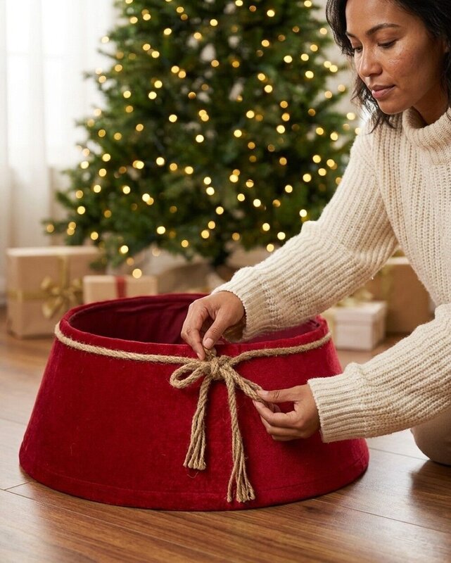 62cm Red Velvet Christmas Tree Collar With Rope Bow Knot — image 3