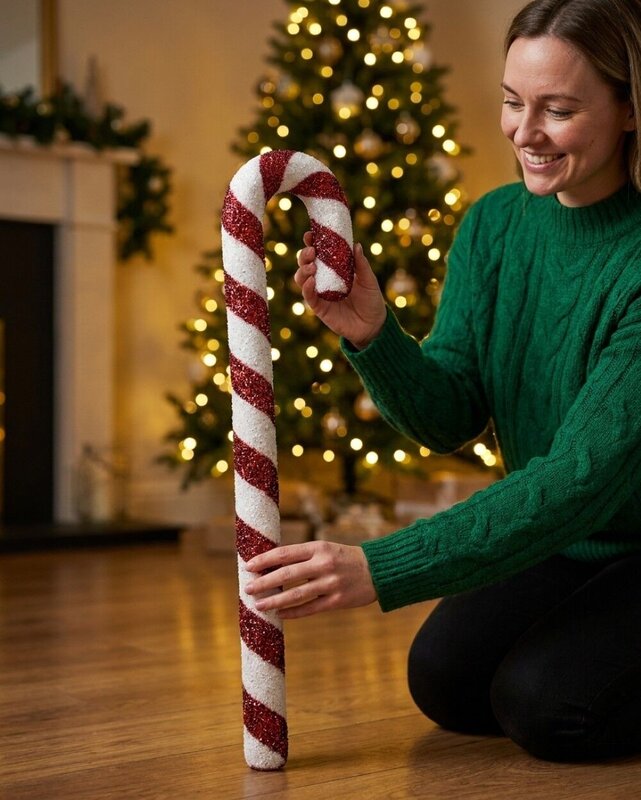 Red & White Swirl Christmas Candy Cane Tinsel Plaque Ornament | 90cm — image 3