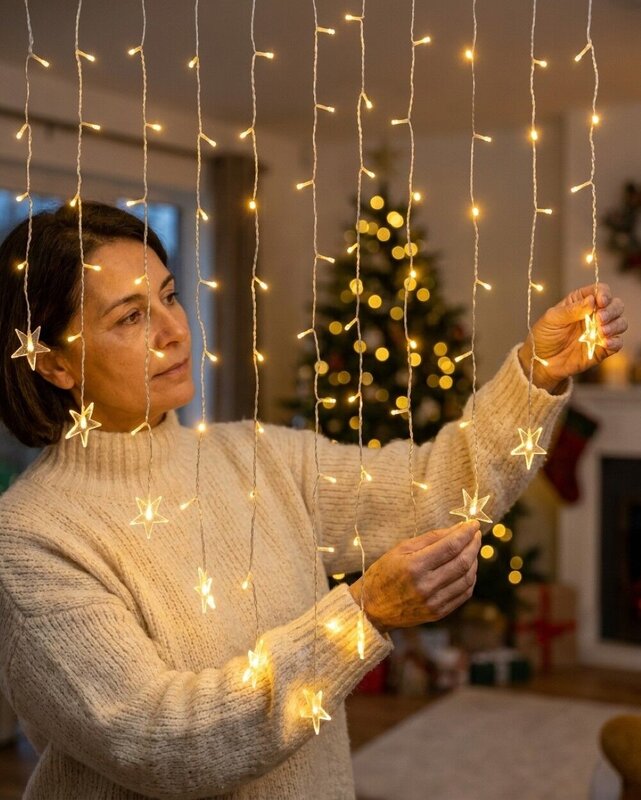 98 Warm White LED V-Shape Star Curtain Fairy Lights 8 Function | 1.5m — image 3