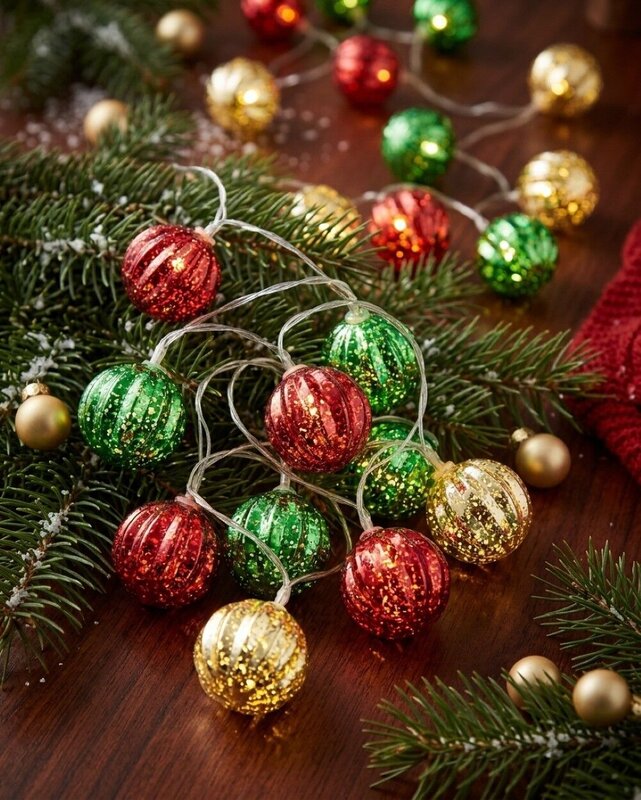 24 Warm White LED With Red Green & Gold Whirlpool Baubles | 3.4m — image 2