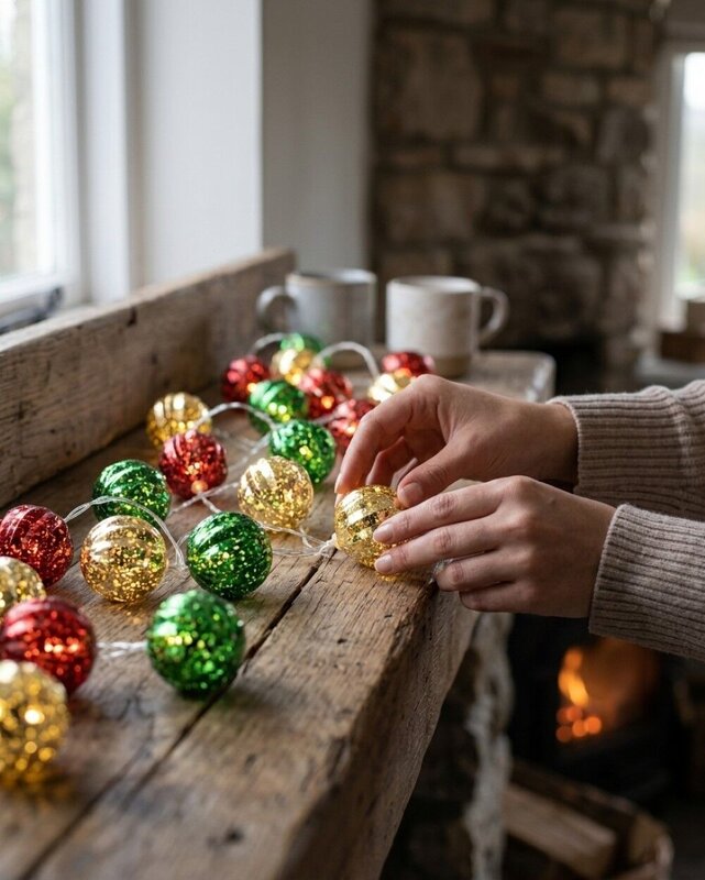 24 Warm White LED With Red Green & Gold Whirlpool Baubles | 3.4m — image 4