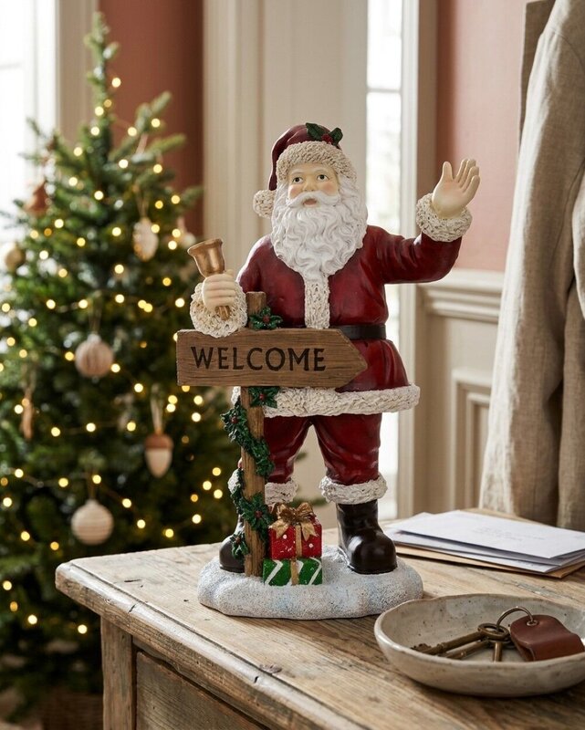 34cm Classic Santa & Welcome Signpost Christmas Resin Figurine — image 4