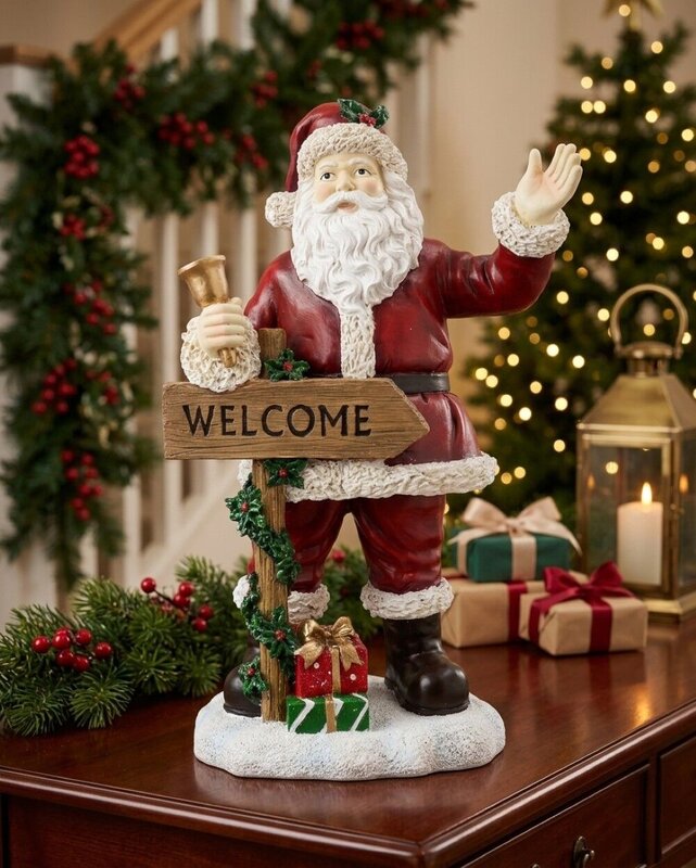 34cm Classic Santa & Welcome Signpost Christmas Resin Figurine — image 2