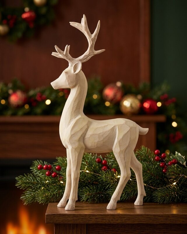 36cm Carved Wood Style Standing Reindeer Resin Figurine — image 2