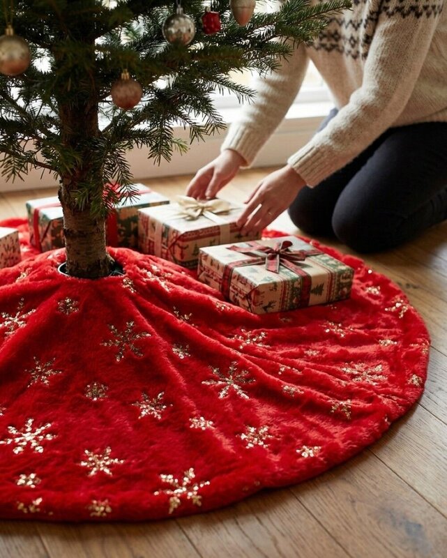 1m Red Plush Faux Fur & Gold Sequin Snowflake Christmas Tree Skirt — image 4