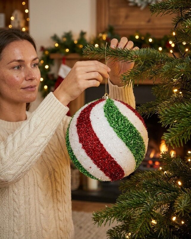 Red Green & White Tinsel Swirl Whimsical Large Display Bauble | 25cm — image 3
