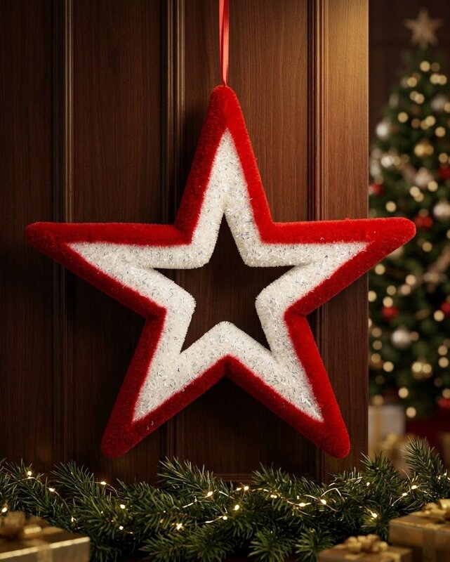 Red & White Flocked Large Hollow Star Tinsel Plaque Ornament | 50cm — image 2
